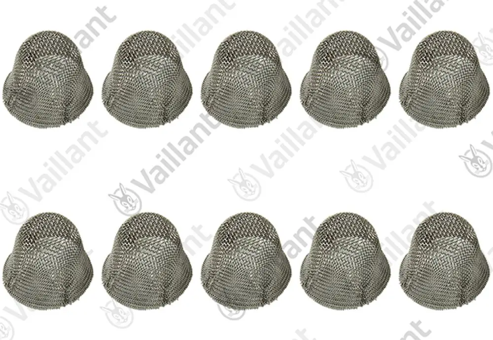 Zehn metallische Filter von Vaillant in Form einer Kuppel, gestaltet für die Installation in Heizsystemen.